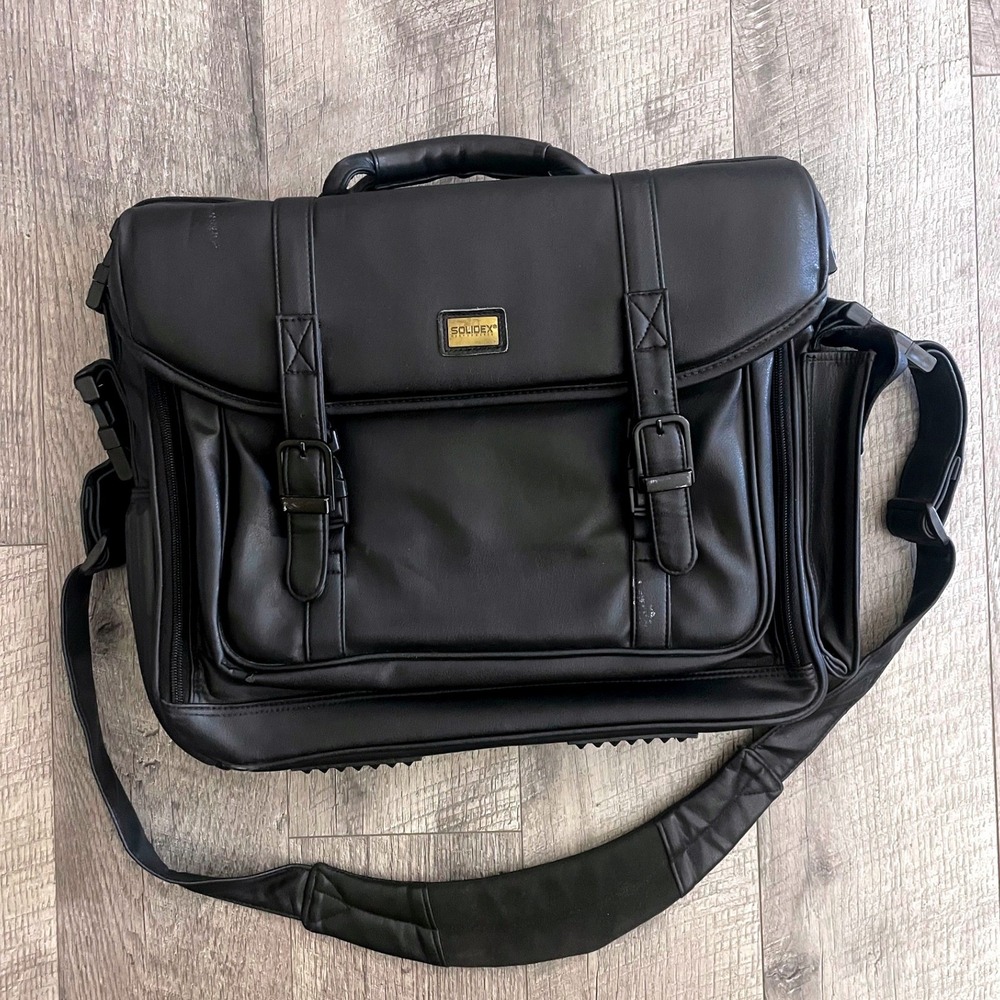 Solidex Performance Black Faux Leather Laptop Messenger Bag Briefcase Organizer